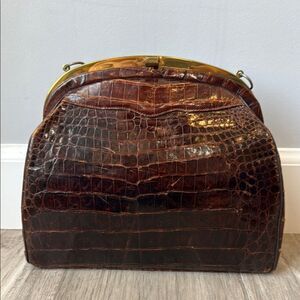 Vintage Ideal Leather Crocodile Bag Brown Embossed Brass Clasp